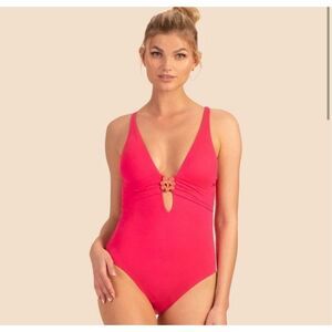 Trina Turk Swim MONACO SOLIDS PLUNGE ONE PIECE Geranium Pink NWT Size 2